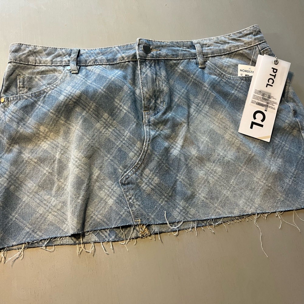 New PTCL Ethikal Brand Xyla Plaid Denim Mini Skirt Raw Hem XL